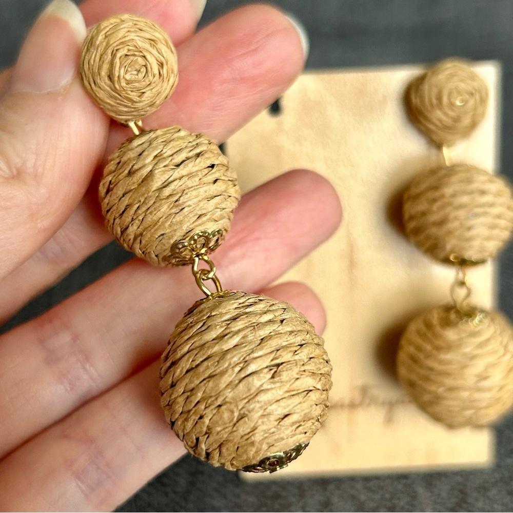 Rattan Covered, Dangling Drop Sphere Stud Earrings, Tan, Gold - Picture 13 of 17